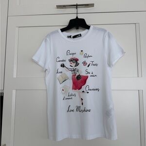 Love Moschino White Tee with Pink Skirt Illustration NWT